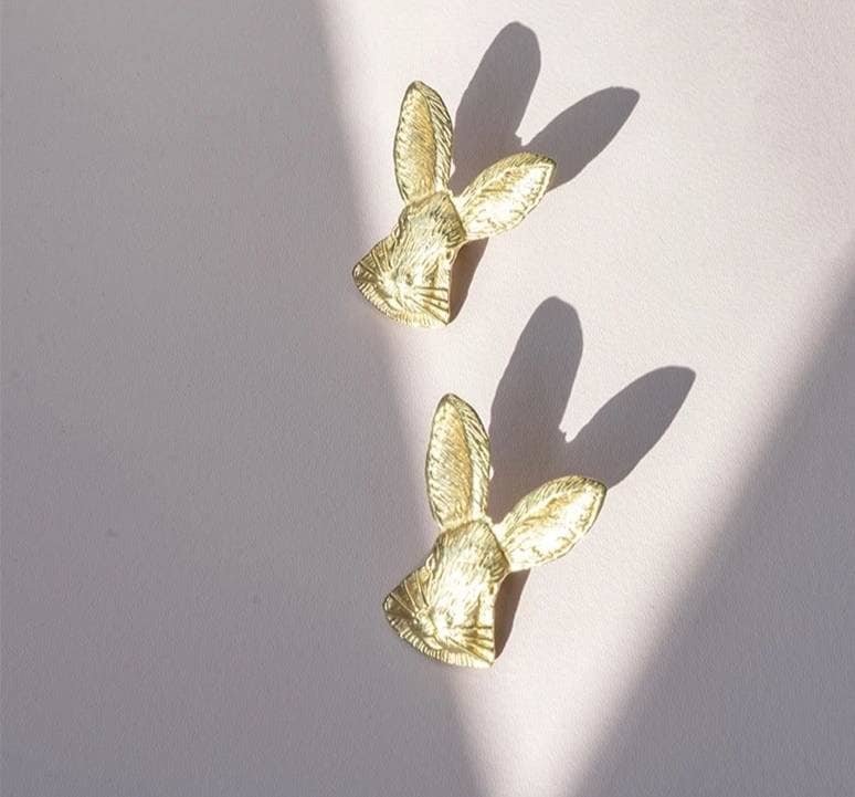 Gold brass Rabbit face cabinet pull/Gold bunny drawer handle/Nursery door knob/Woodland animal hardware/Rabbit door handle/Bunny door handle