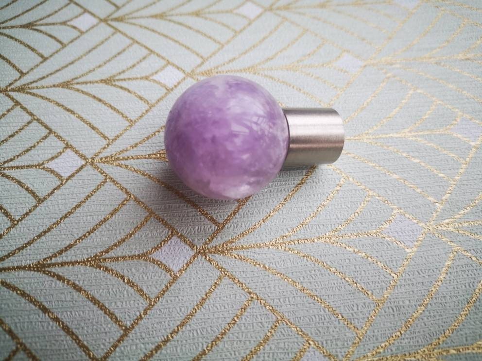 Purple Amethyst ball and silver drawer pull/Polished purple gemstone cabinet handle/Amethyst crystal and silver door knob/crystal hardware
