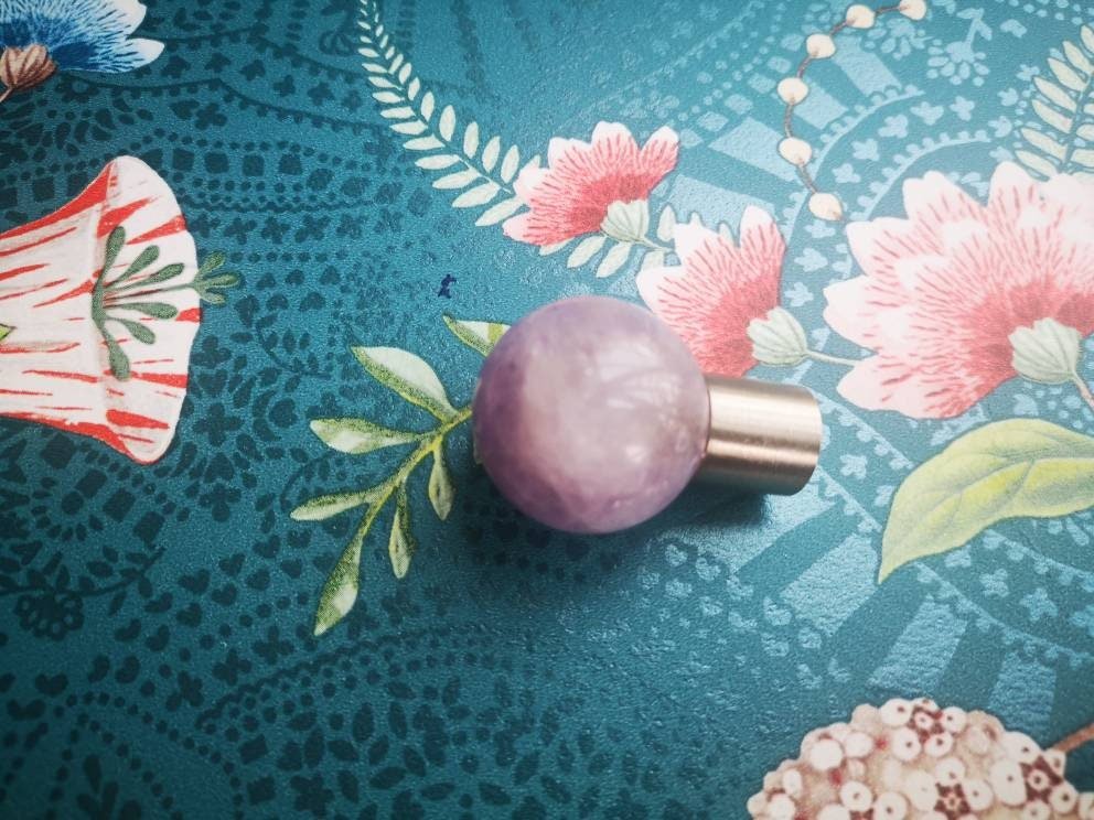 Purple Amethyst ball and silver drawer pull/Polished purple gemstone cabinet handle/Amethyst crystal and silver door knob/crystal hardware