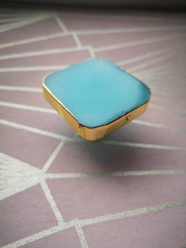 Square blue quartz crystal drawer handle/turquoise coloured crystal and gold brass cabinet handle/gemstone door knob/blue crystal hardware