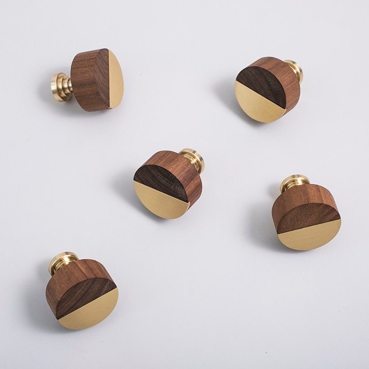 Round walnut wood and gold brass inlay cabinet Pull/Geometric semicircular pattern drawer handle/Gold brass and dark wooden door handle