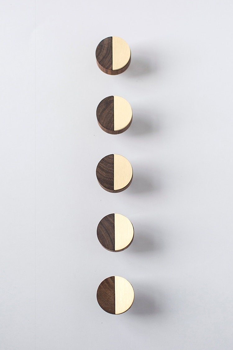 Round walnut wood and gold brass inlay cabinet Pull/Geometric semicircular pattern drawer handle/Gold brass and dark wooden door handle