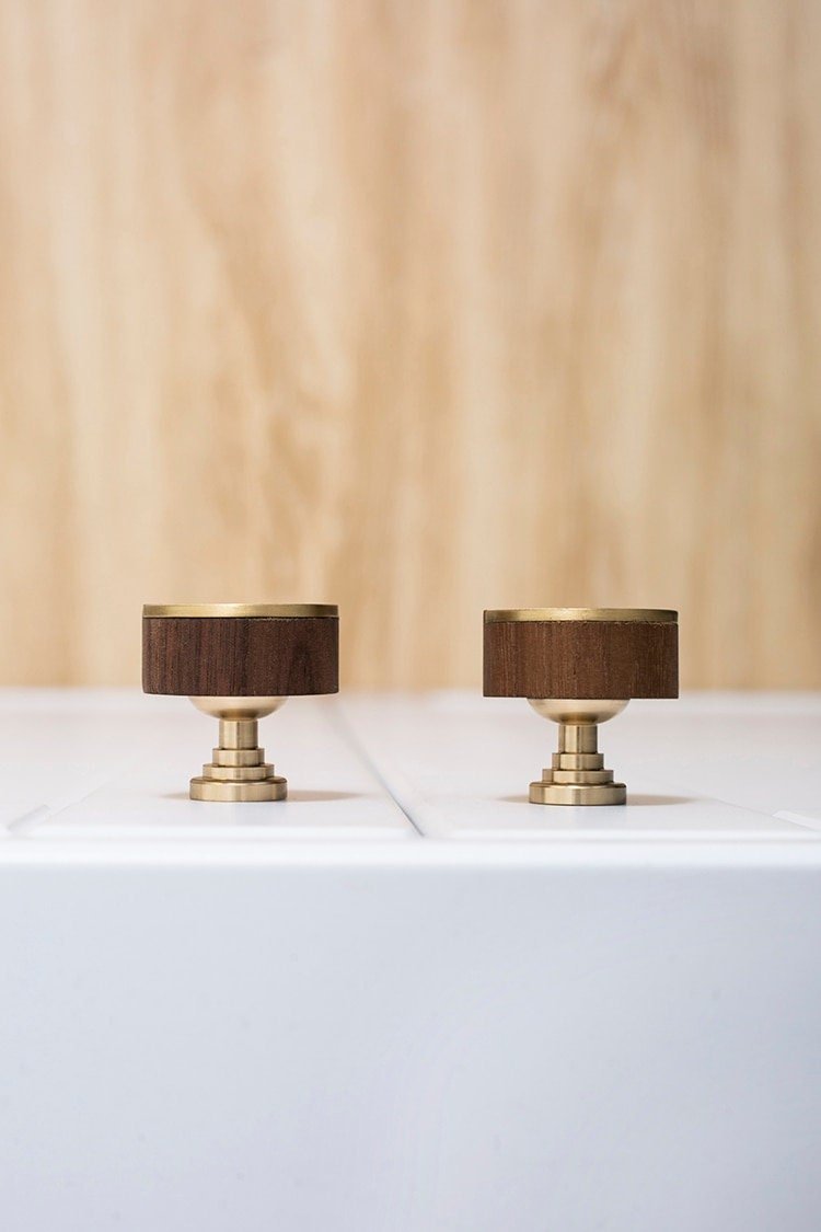 Round walnut wood and gold brass inlay cabinet Pull/Geometric semicircular pattern drawer handle/Gold brass and dark wooden door handle