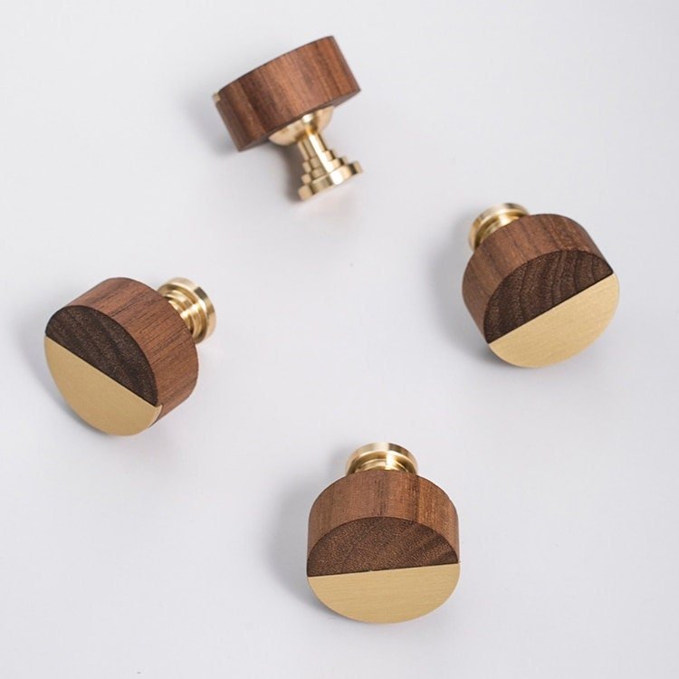 Round walnut wood and gold brass inlay cabinet Pull/Geometric semicircular pattern drawer handle/Gold brass and dark wooden door handle