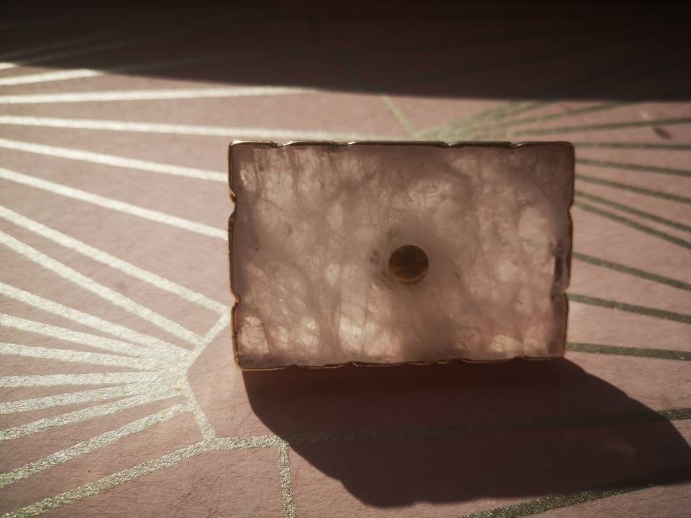 Large white or pink rose quartz rectangle drawer pull with gold edges/Pink gemstone slice cabinet handle/Square crystal slice door handle