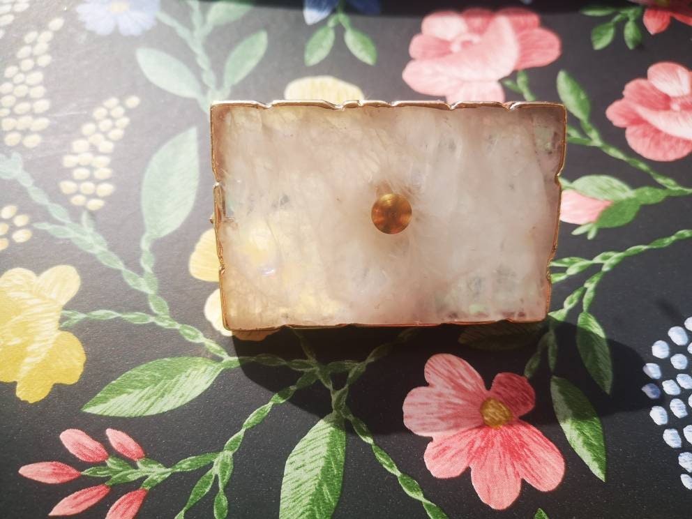Large white or pink rose quartz rectangle drawer pull with gold edges/Pink gemstone slice cabinet handle/Square crystal slice door handle
