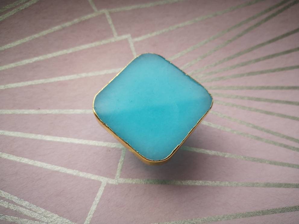 Square blue quartz crystal drawer handle/turquoise coloured crystal and gold brass cabinet handle/gemstone door knob/blue crystal hardware