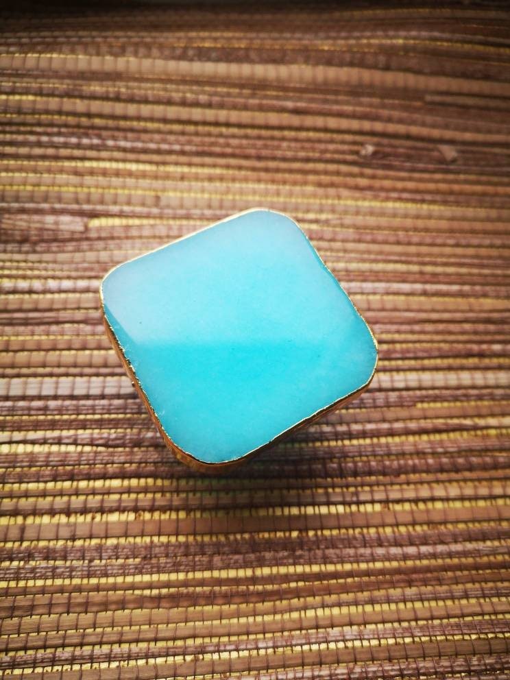 Square blue quartz crystal drawer handle/turquoise coloured crystal and gold brass cabinet handle/gemstone door knob/blue crystal hardware