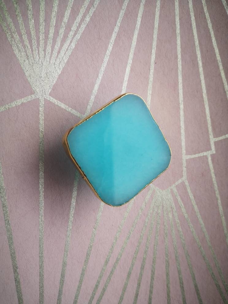 Square blue quartz crystal drawer handle/turquoise coloured crystal and gold brass cabinet handle/gemstone door knob/blue crystal hardware