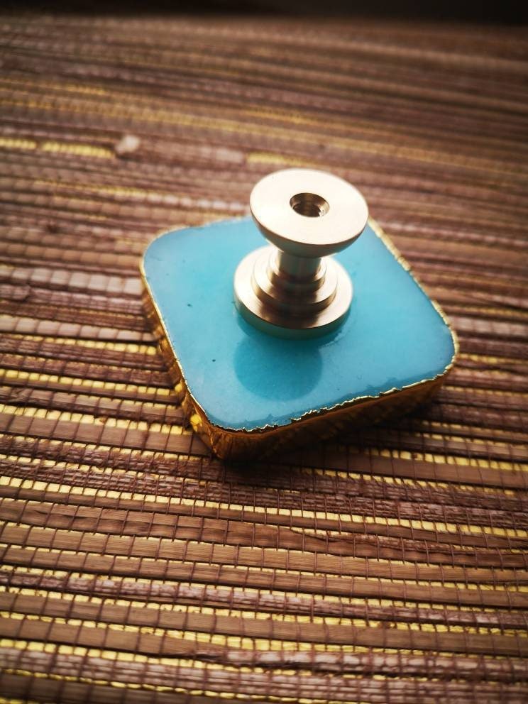 Square blue quartz crystal drawer handle/turquoise coloured crystal and gold brass cabinet handle/gemstone door knob/blue crystal hardware