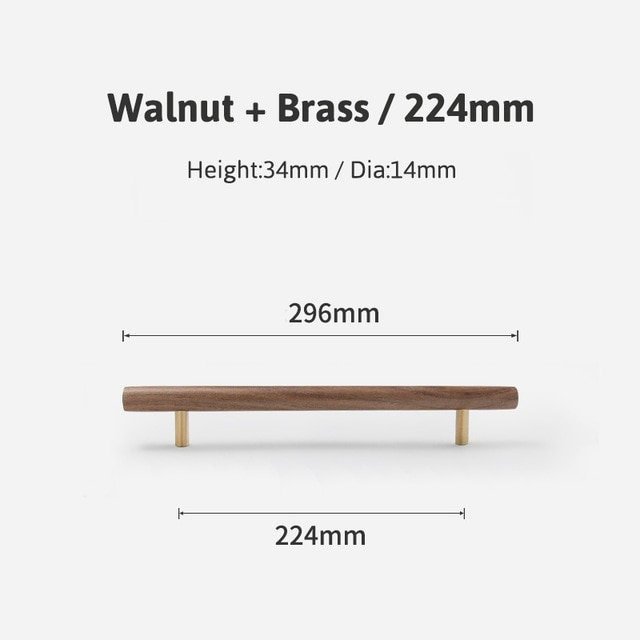 Simple smooth walnut and Brass cabinet bar handle/Dark wooden drawer pull/Wooden furniture hardware/Walnut wood and gold brass door handle