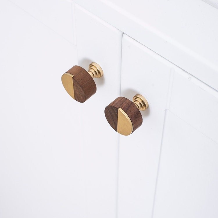 Round walnut wood and gold brass inlay cabinet Pull/Geometric semicircular pattern drawer handle/Gold brass and dark wooden door handle