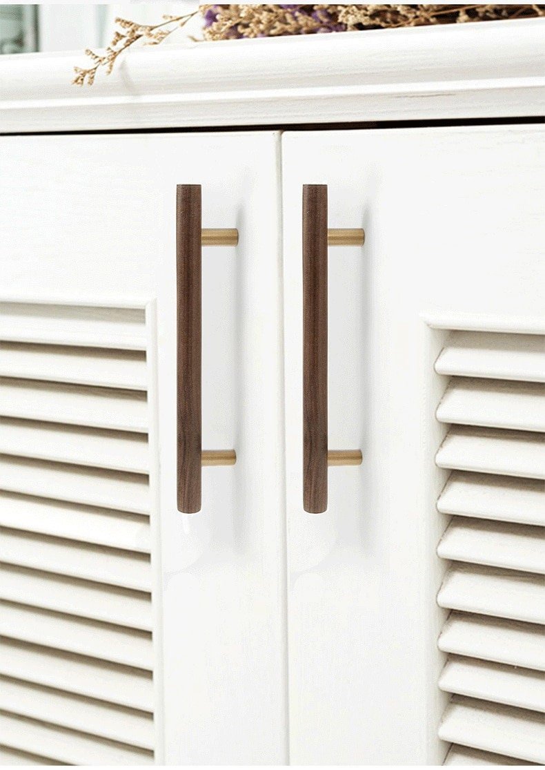 Simple smooth walnut and Brass cabinet bar handle/Dark wooden drawer pull/Wooden furniture hardware/Walnut wood and gold brass door handle