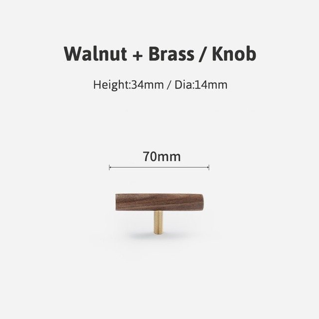 Simple smooth walnut and Brass cabinet bar handle/Dark wooden drawer pull/Wooden furniture hardware/Walnut wood and gold brass door handle