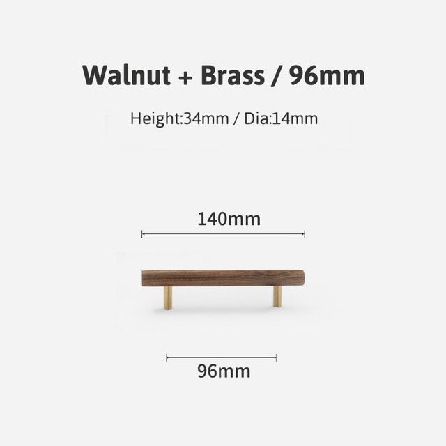 Simple smooth walnut and Brass cabinet bar handle/Dark wooden drawer pull/Wooden furniture hardware/Walnut wood and gold brass door handle