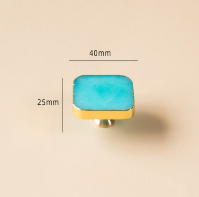 Square blue quartz crystal drawer handle/turquoise coloured crystal and gold brass cabinet handle/gemstone door knob/blue crystal hardware