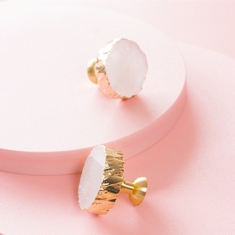 Round white quartz drawer handle with gold edges/gemstone and brass door knob/white crystal cabinet handle/gold brass and crystal hardware