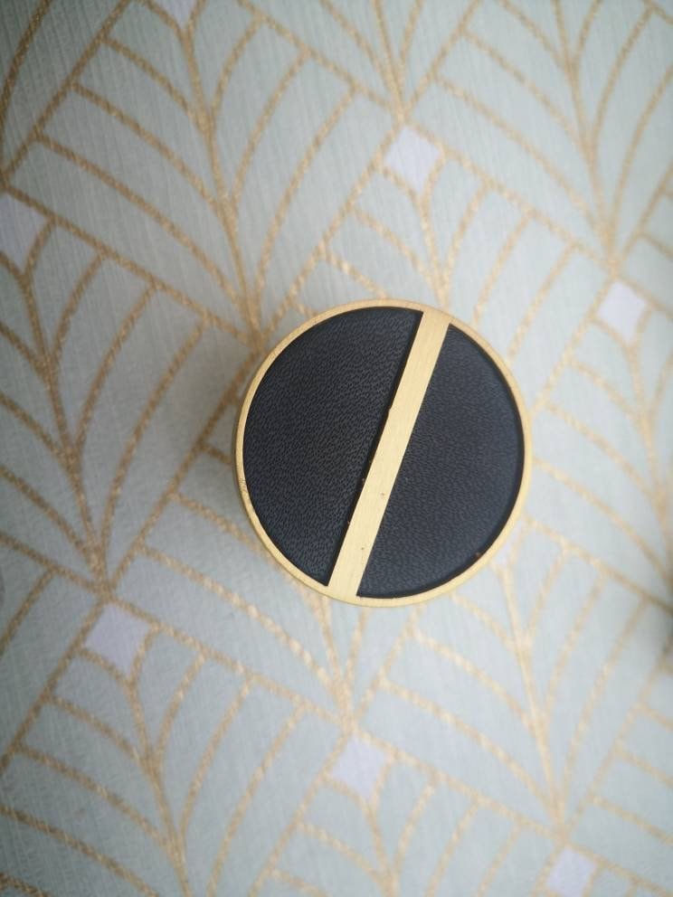 Neutral colour leather insert split circle design cabinet handle/leather door handle/geometric drawer pull/gold furniture hardware/door knob