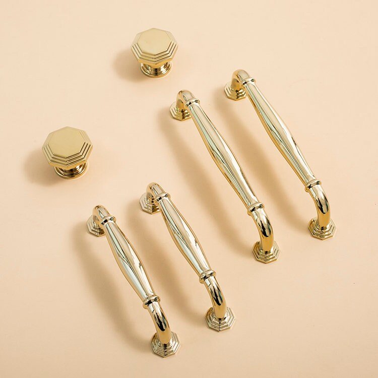 Vintage octagonal design shiny gold drawer pull/Classic gold curved cabinet handle/Shiny Gold octagon shaped door knob and retro curved pull