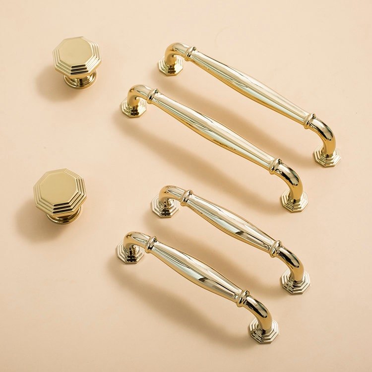 Vintage octagonal design shiny gold drawer pull/Classic gold curved cabinet handle/Shiny Gold octagon shaped door knob and retro curved pull