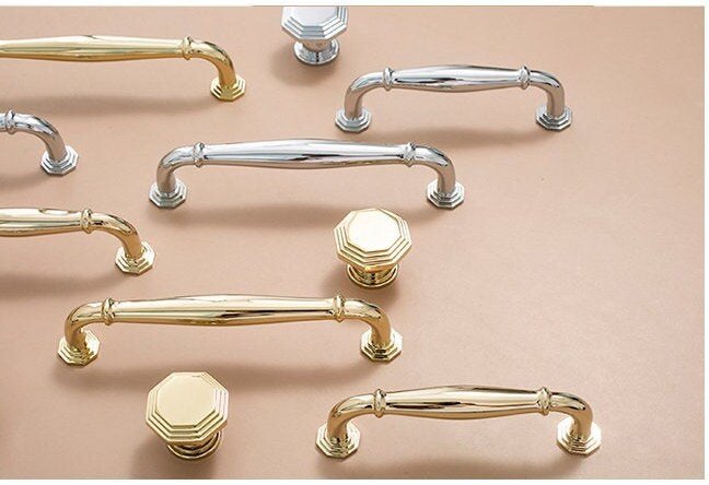 Vintage octagonal design shiny gold drawer pull/Classic gold curved cabinet handle/Shiny Gold octagon shaped door knob and retro curved pull
