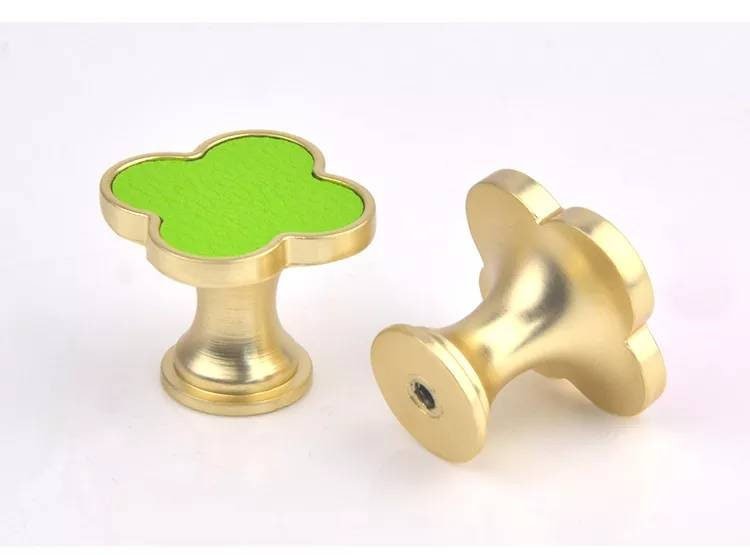 Brightly coloured leather and gold clover shaped cabinet pull/Neon pink or green clover shaped drawer knob/Gold metal leather door handle
