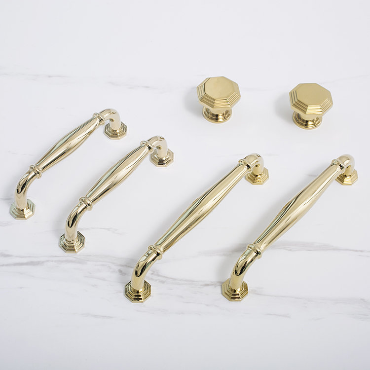 Vintage octagonal design shiny gold drawer pull/Classic gold curved cabinet handle/Shiny Gold octagon shaped door knob and retro curved pull