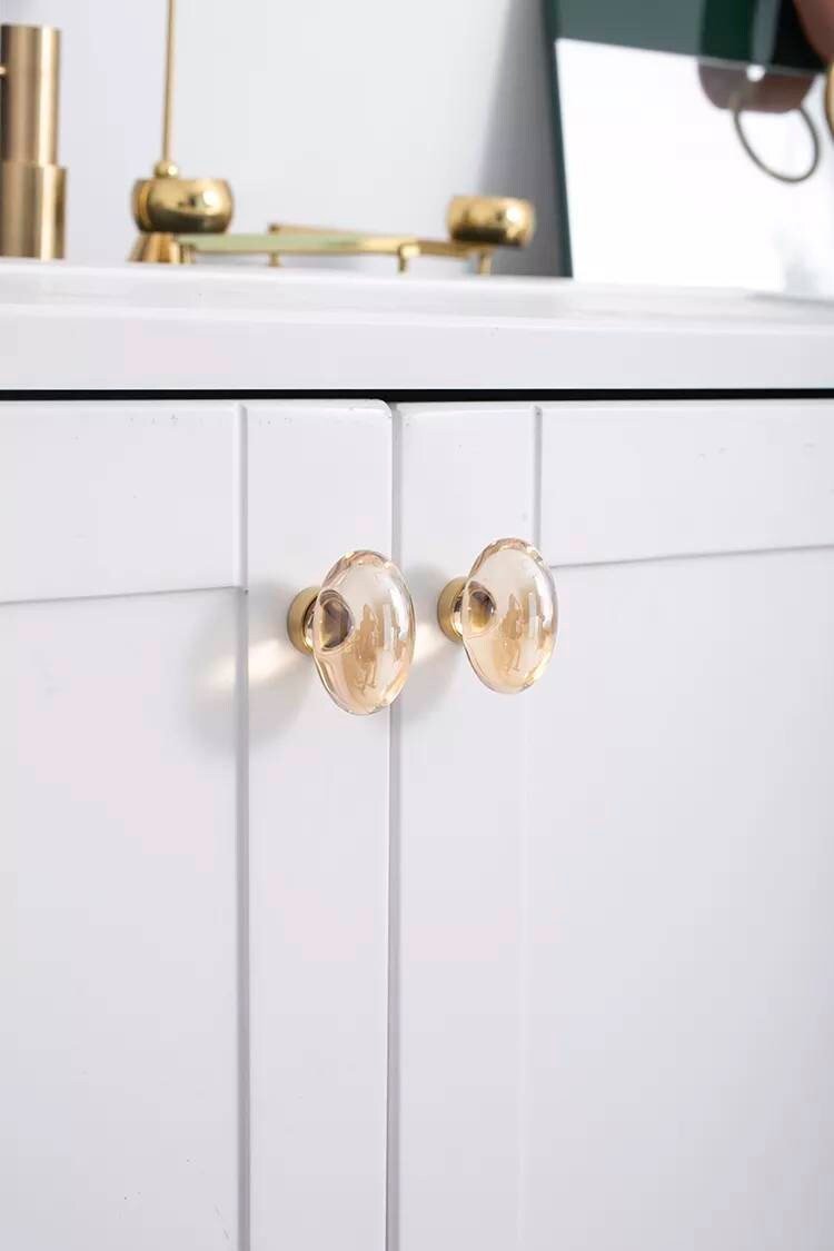 Polished oval crystal and brass cabinet pull/Retro gold glazed egg crystal drawer knob/mid century style smooth polished crystal door handle