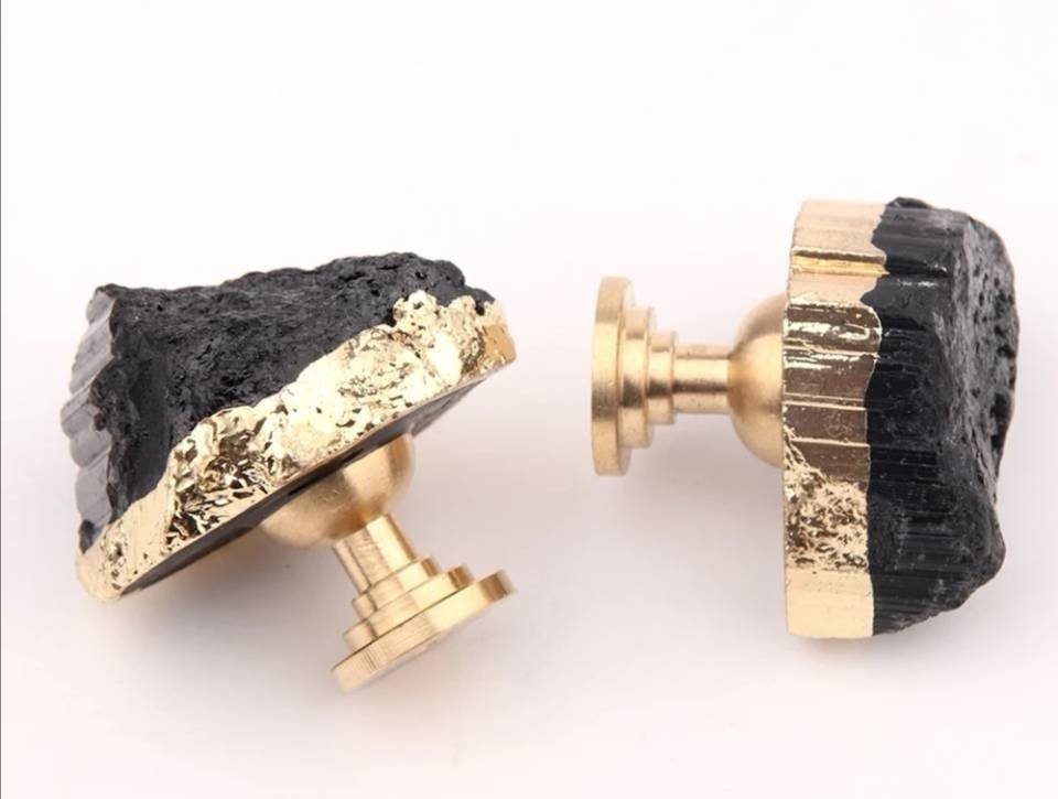 Rough cut black aphrizite crystal and brass cabinet pull/Black linear patterned stone door handle/Black semi precious stone drawer knob