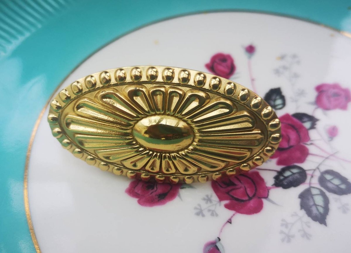Gold ornate design cabinet handle/Solid brass oval drawer pull/Victorian style oval door handle/Antique style door knob/Gold brass hardware