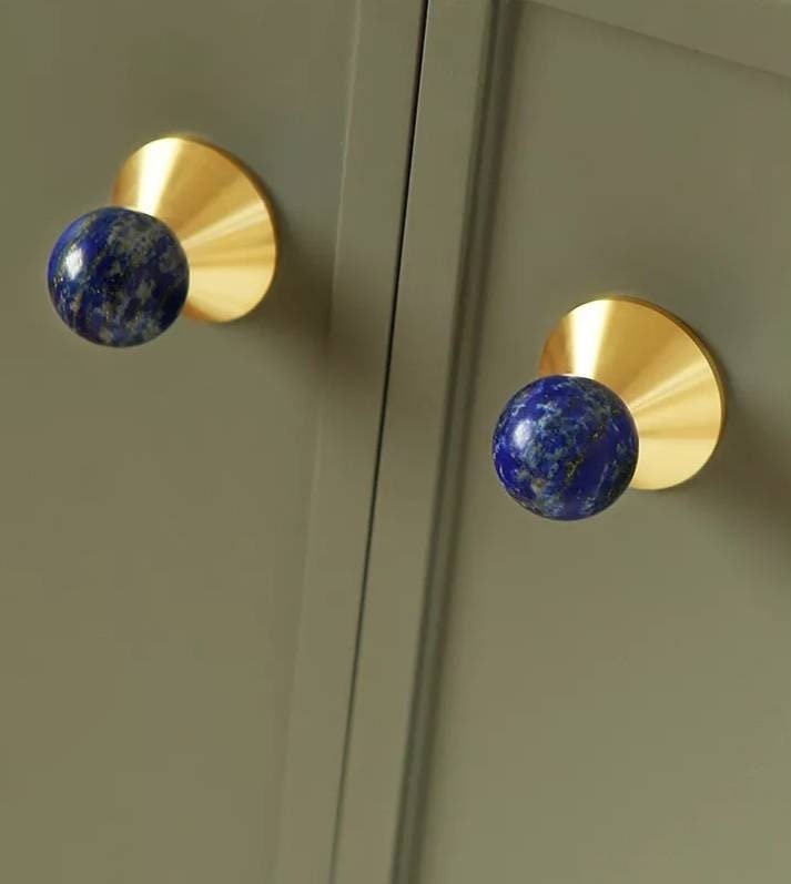 Colourful retro style semi precious stone and brass drawer pull/geometric cabinet handle/mid century modern style knob/bright coloured pull