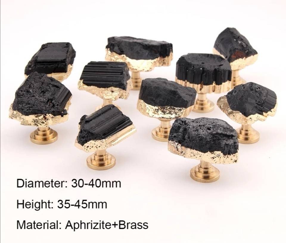 Rough cut black aphrizite crystal and brass cabinet pull/Black linear patterned stone door handle/Black semi precious stone drawer knob