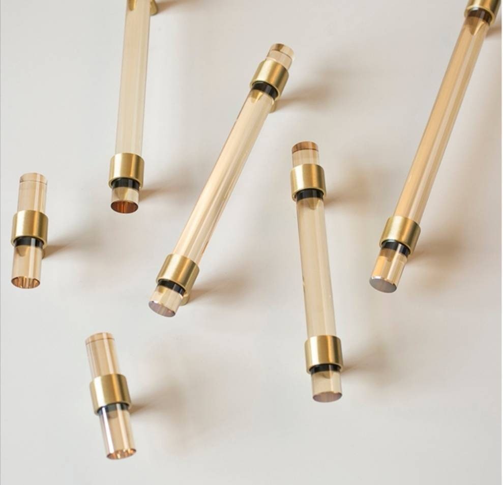 Pale gold lucite acrylic cabinet bar Handle with gold brass ring fixings cylindrical drawer pull/ furniture hardware/cabinet handle/kitchen