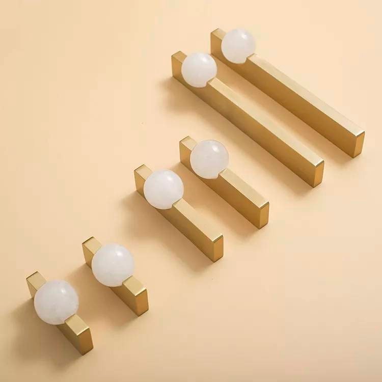 White or rose pink quartz ball and brass bar handle/Semi precious stone drawer pull/unique cabinet handle/IKEA hack/wardrobe door handle