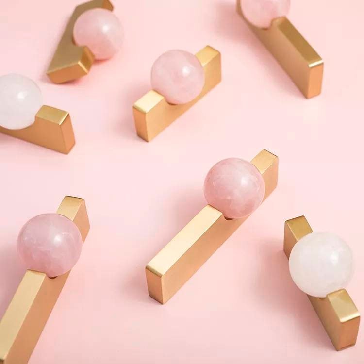 White or rose pink quartz ball and brass bar handle/Semi precious stone drawer pull/unique cabinet handle/IKEA hack/wardrobe door handle
