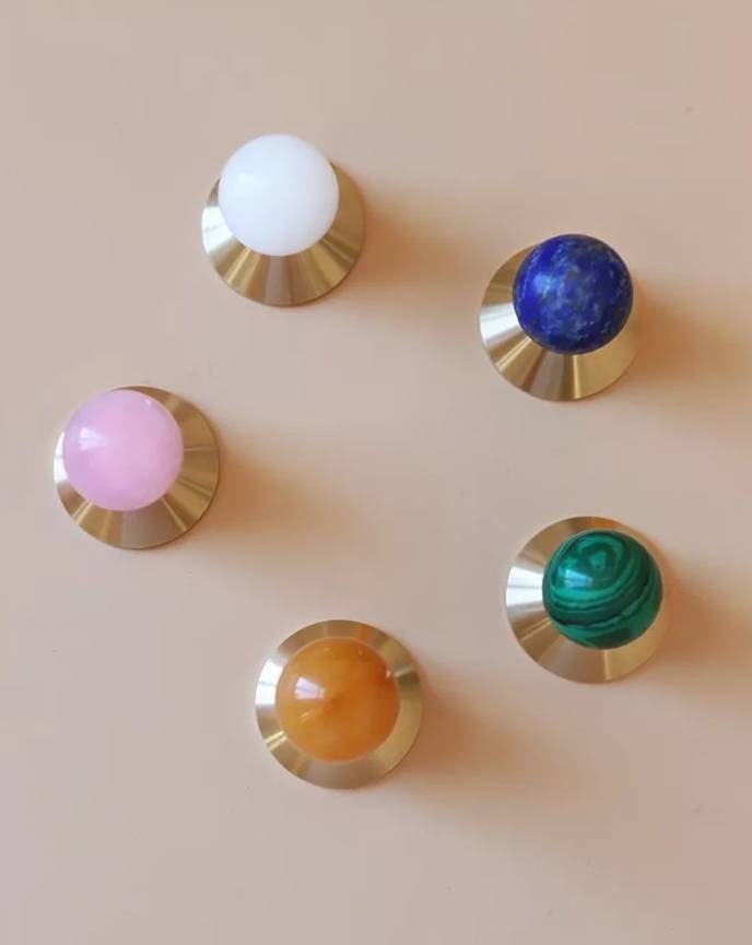 Colourful retro style semi precious stone and brass drawer pull/geometric cabinet handle/mid century modern style knob/bright coloured pull