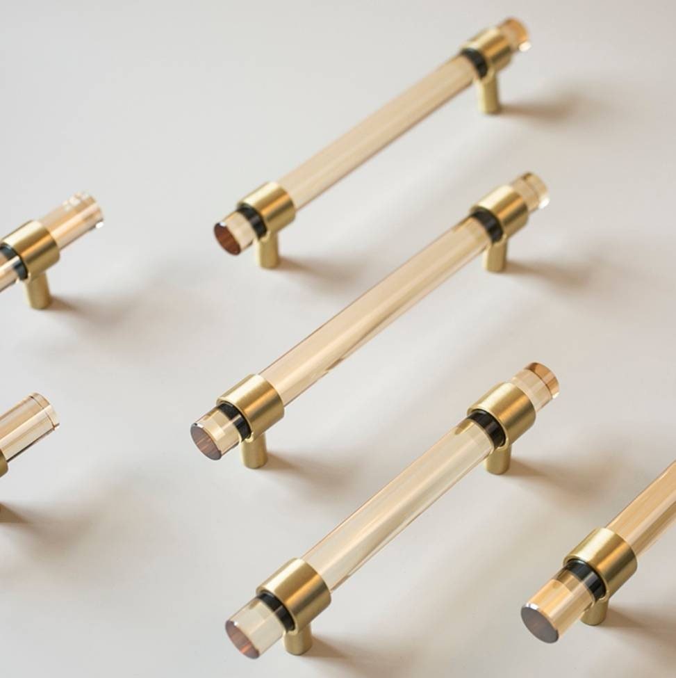 Pale gold lucite acrylic cabinet bar Handle with gold brass ring fixings cylindrical drawer pull/ furniture hardware/cabinet handle/kitchen