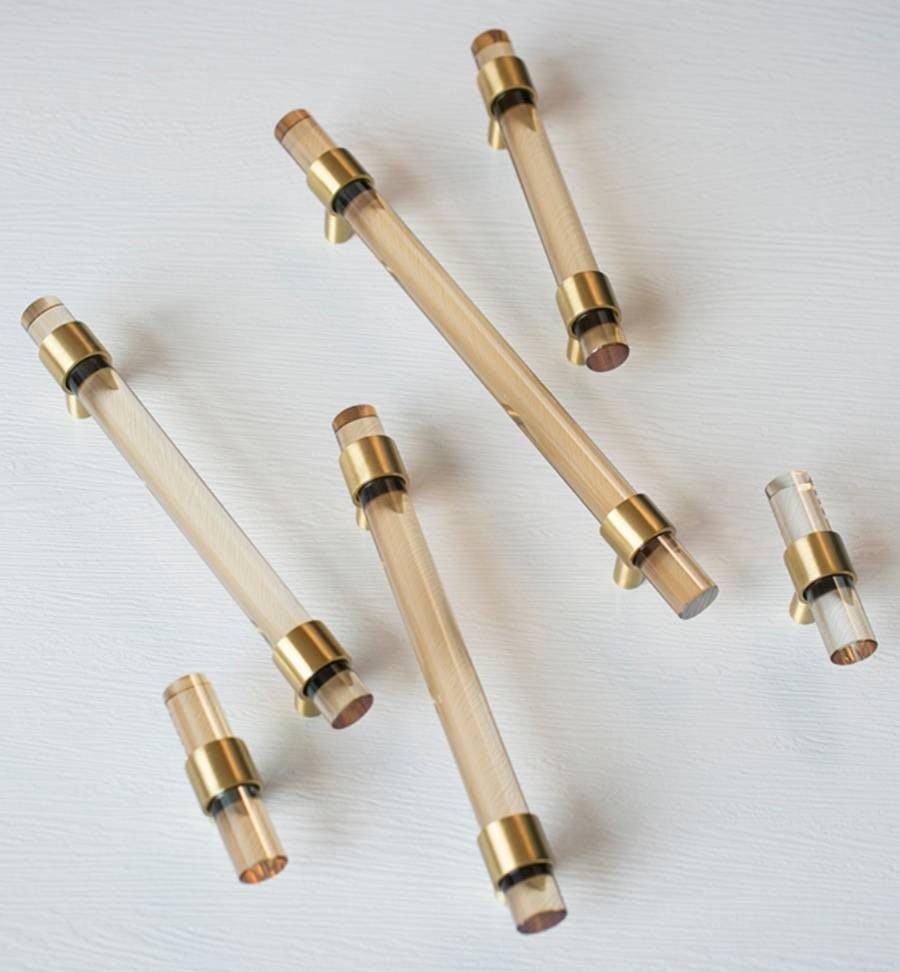 Pale gold lucite acrylic cabinet bar Handle with gold brass ring fixings cylindrical drawer pull/ furniture hardware/cabinet handle/kitchen