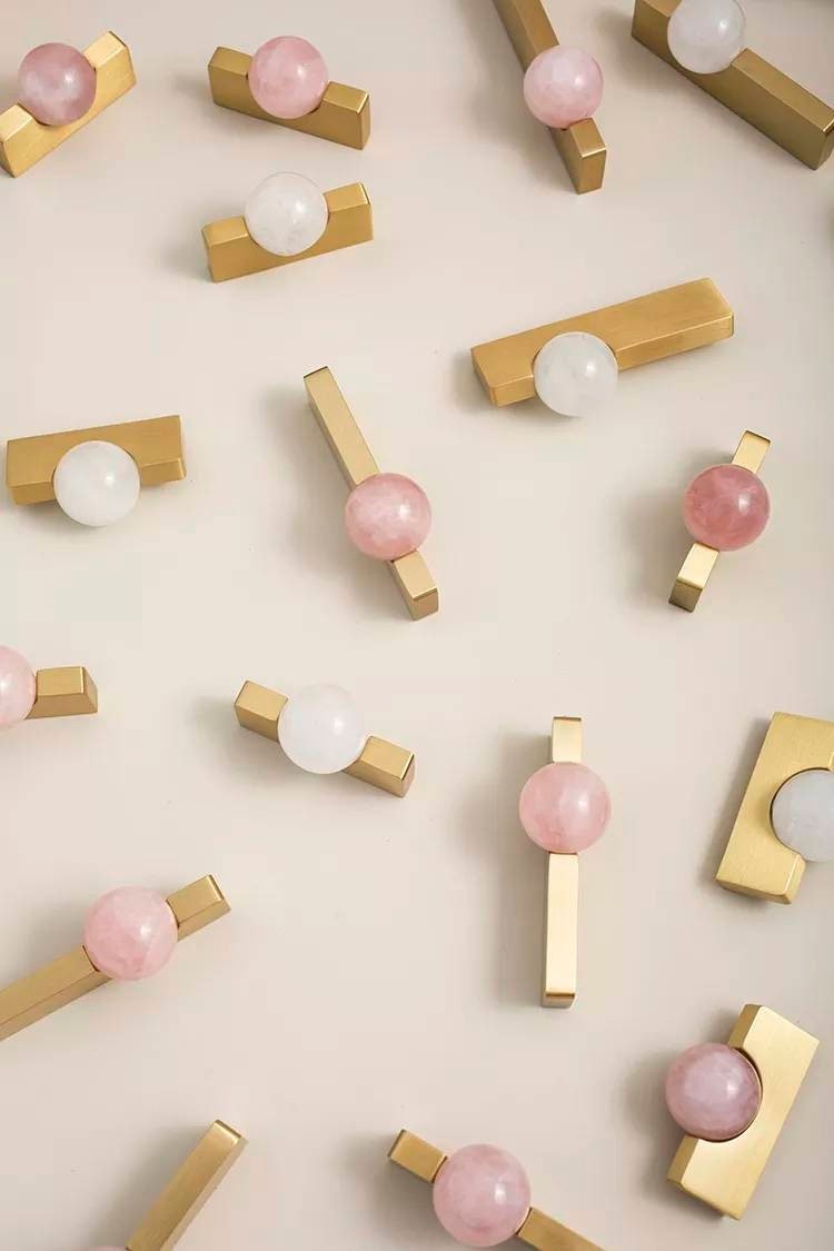 White or rose pink quartz ball and brass bar handle/Semi precious stone drawer pull/unique cabinet handle/IKEA hack/wardrobe door handle