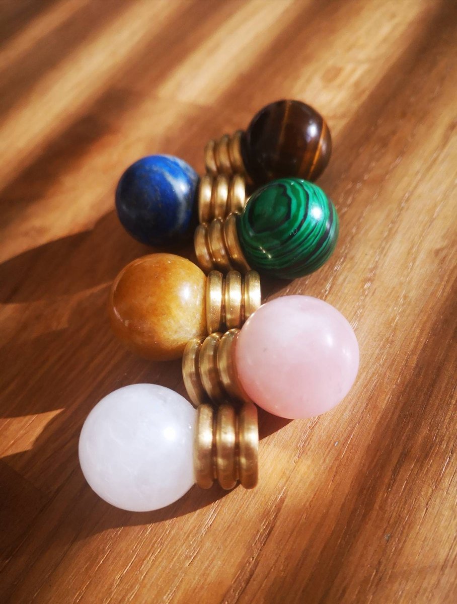 Semi precious stone ball and ridged brass drawer pull/small colourful stone cabinet handle/hardware for small furniture/gemstone door knob