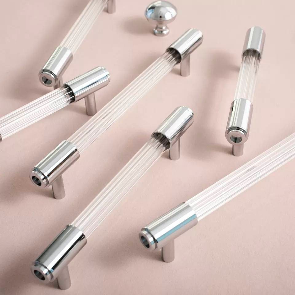 Chrome and clear textured lucite cabinet bar pull handle/clear acrylic drawer handle/lucite furniture hardware/transparent resin handle
