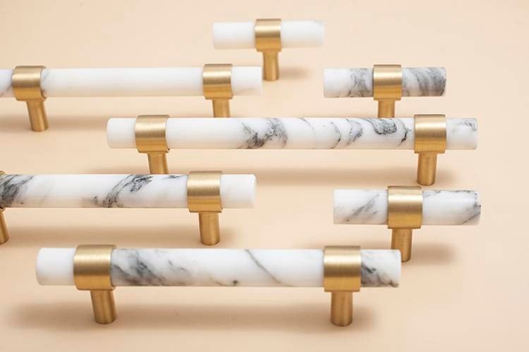 White and grey Calcutta marble cabinet pull handle/white marble and brass drawer pull/white marble door handle/marble furniture hardware