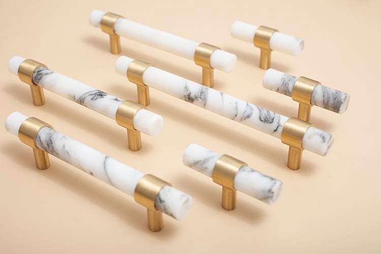 White and grey Calcutta marble cabinet pull handle/white marble and brass drawer pull/white marble door handle/marble furniture hardware