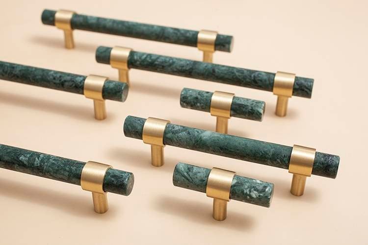 Dark Green Verde marble and brass cabinet pull/Green marble and gold brass drawer pull/green marble cabinet handle/modern stone hardware