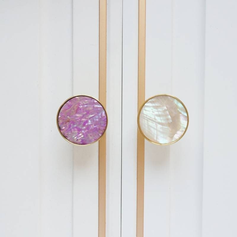 Pink mother of pearl drawer pull/liliac pearl and gold brass cabinet handle/round shell drawer knob/nursery decor/pink furniture hardware