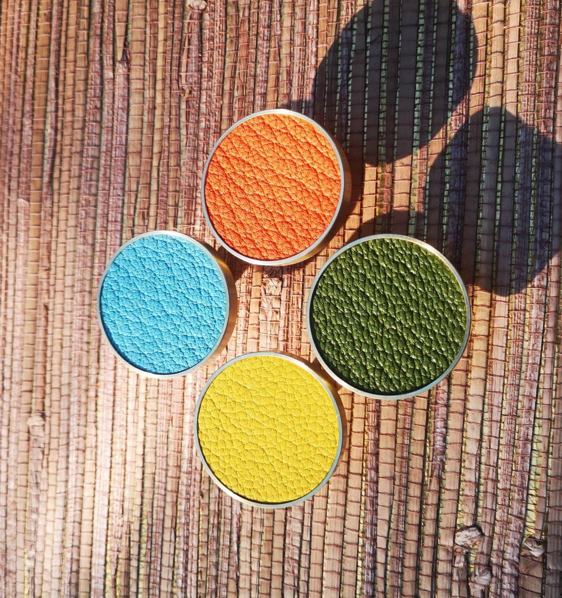 Brass and leather drawer pull/retro colour cabinet handle/blue, yellow, orange and green drawer knob/leather door handle/leather hardware