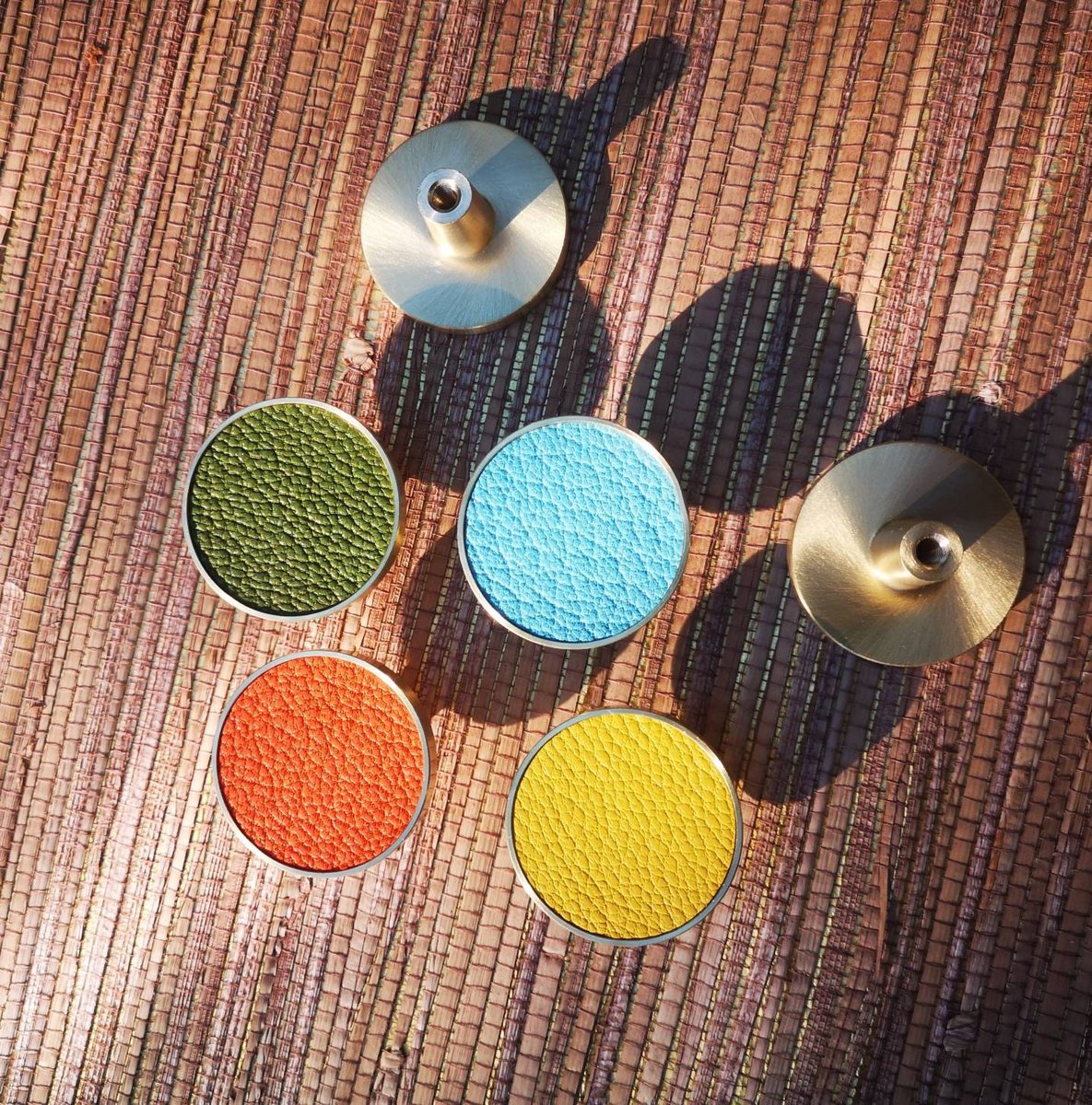 Brass and leather drawer pull/retro colour cabinet handle/blue, yellow, orange and green drawer knob/leather door handle/leather hardware