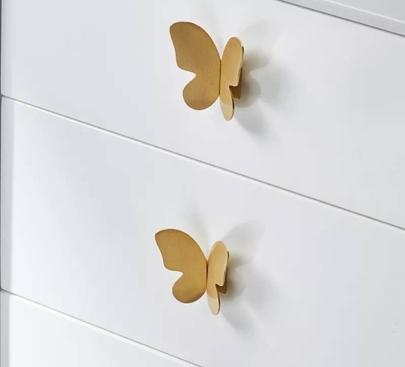 Pair of shiny hammered brass butterfly wing handles/gold butterfly door handles/textured brass hardware/nursery decor/gold kitchen handles