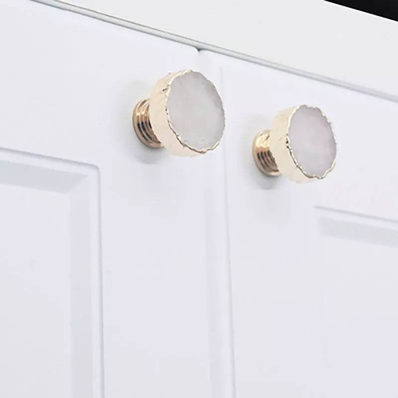 Round white quartz drawer handle with gold edges/gemstone and brass door knob/white crystal cabinet handle/gold brass and crystal hardware