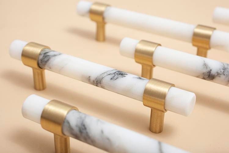 White and grey Calcutta marble cabinet pull handle/white marble and brass drawer pull/white marble door handle/marble furniture hardware